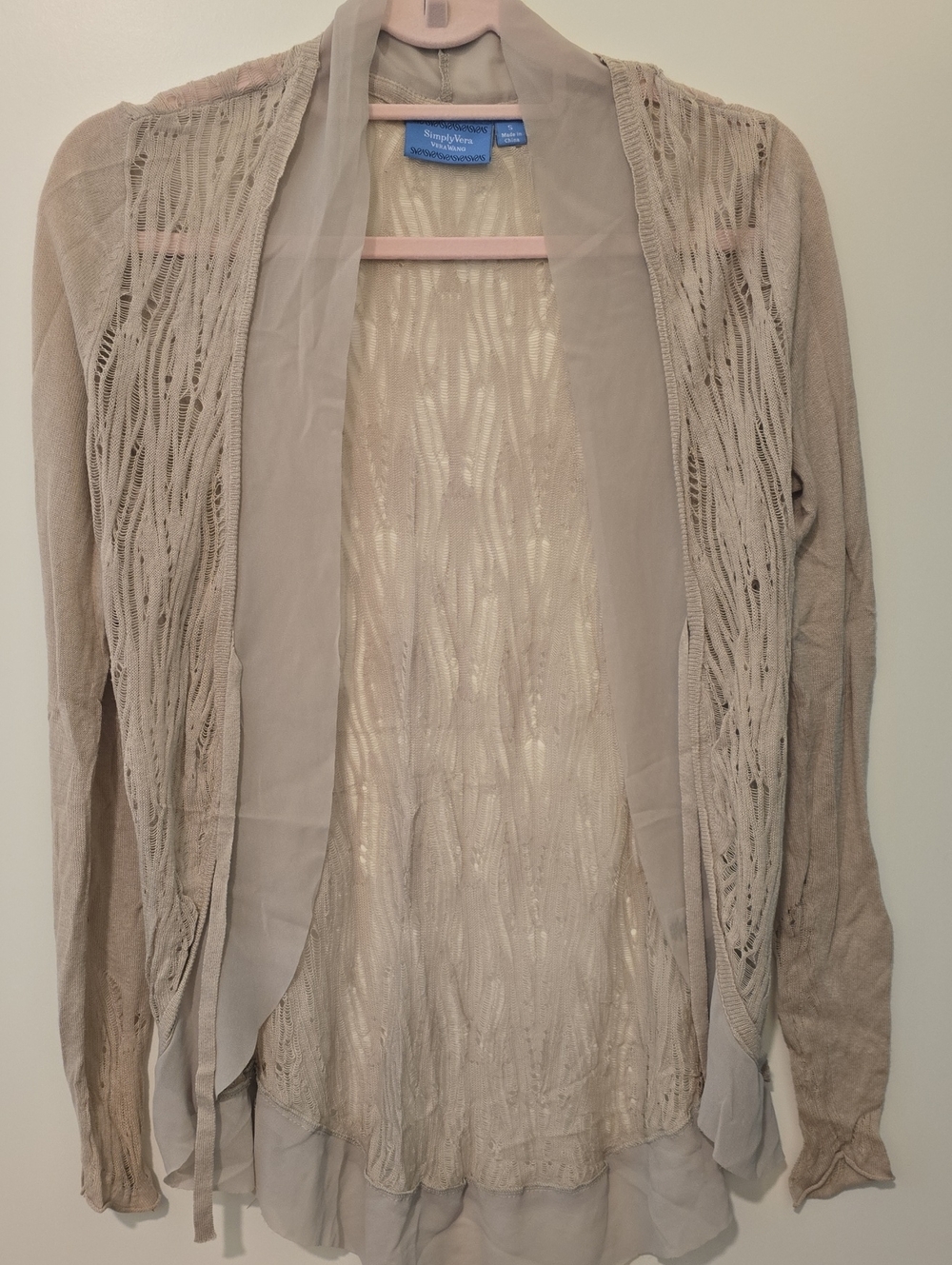 Simply Vera Vera Wang Light Beige Open-Front Knit Cardigan with Sheer Trim